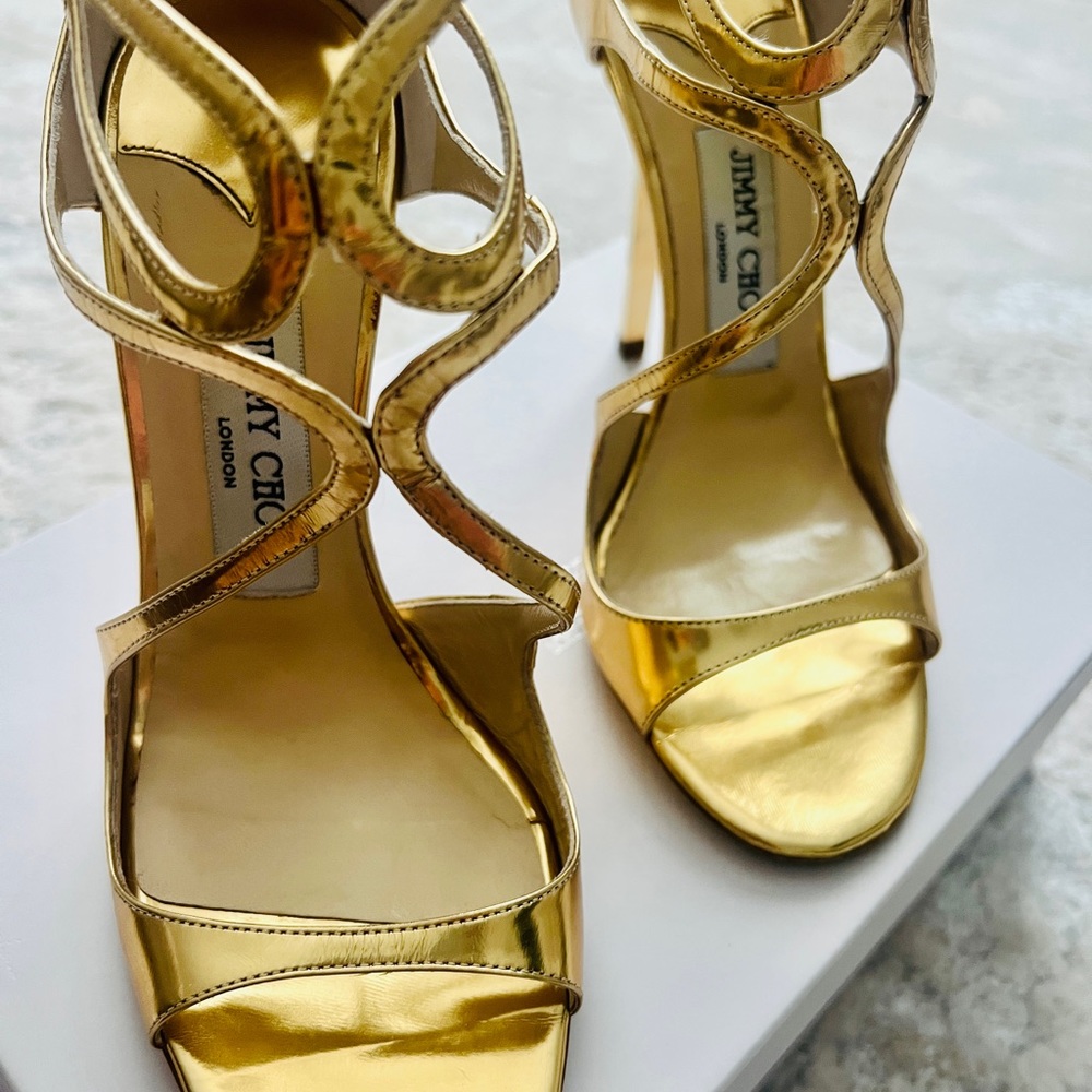 Jimmy Choo Lance 110 gold mirrored sandals. Excellent condition, worn once!